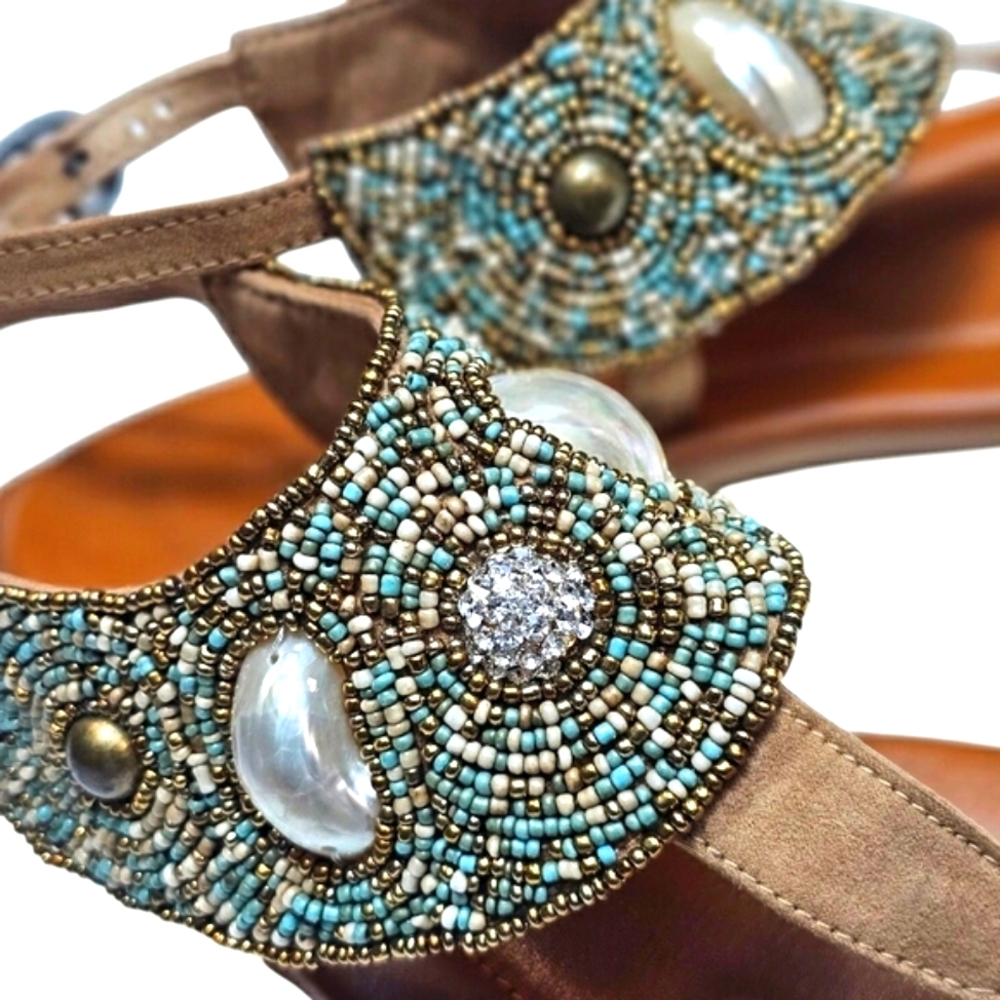 Skemo Luxury Bead Embroidered Tan Turquoise Ankle Strap Sandals Shell Details - Picture 6 of 13